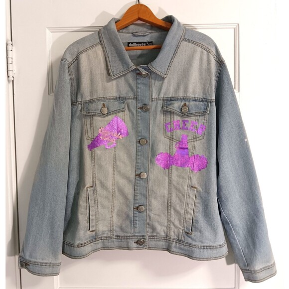 Vtg 90s Jean Jacket Wn 2X Denim Trucker Upcycled Doll Patches Barbiecore Retro - Picture 1 of 11